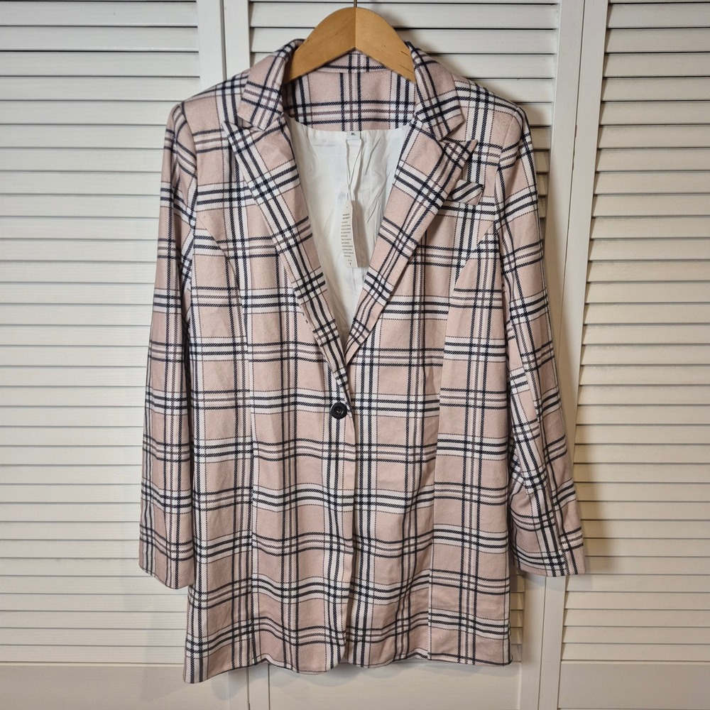 Women's XL‎ Pink Plaid Blazer Jacket Open Front Check Long Sleeve Workwear NWT